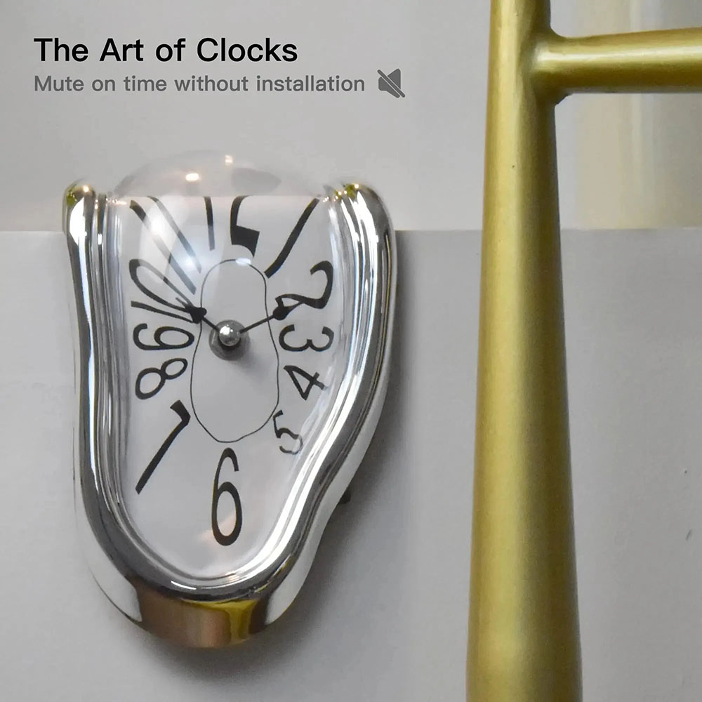 Creative Melting Right-angle Silent Clock, Vintage Silver Twisted Melting Clock for Office or Home Decor