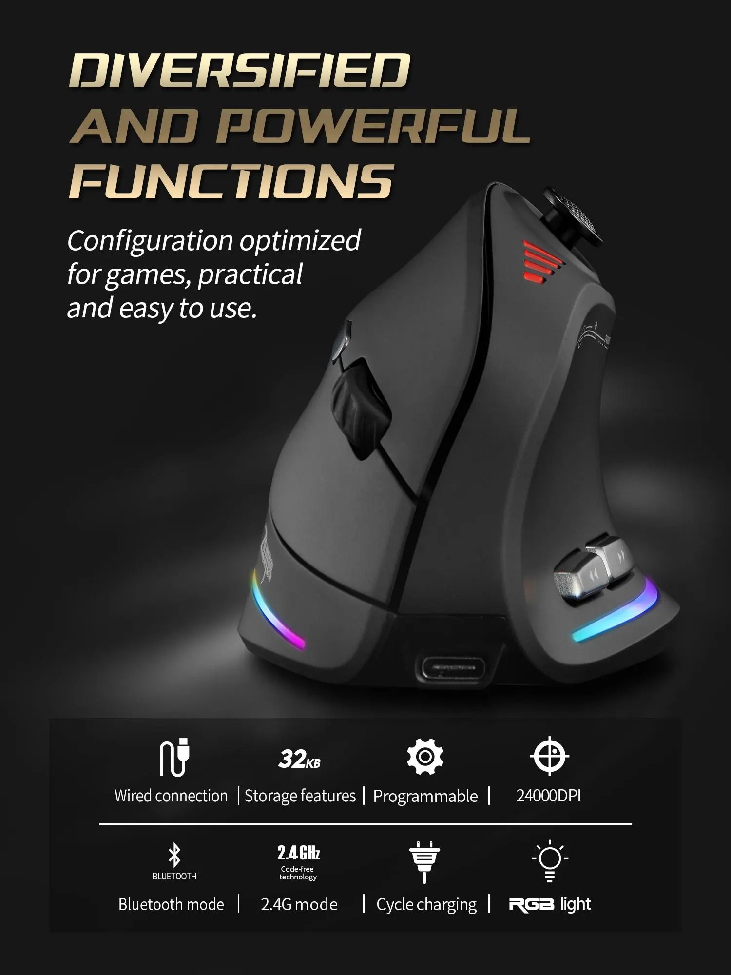 ZELOTES F18 Vertical Ergonomic Wireless Gaming Mouse with Bluetooth High DPI Control