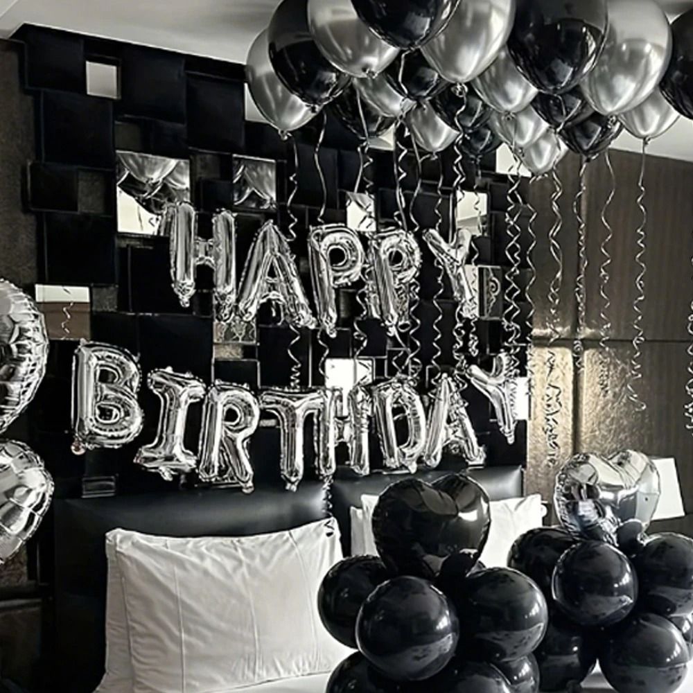Black & Silver Milestone Set – 16-Inch Alphabet & Heart Foil Balloons