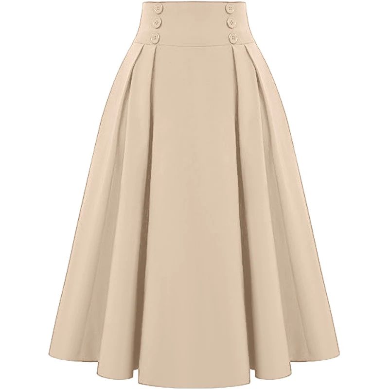 Women Solid Long Skirts, Vintage High Waisted Pleating Jupe, Spring A-line Skirts, Fashion Buttons Maxi