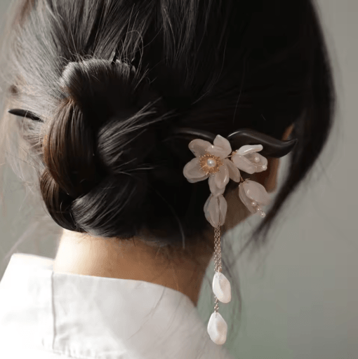 Pink Flower Hair Pin Retro Chinese Style Wooden Hair Sticks with Pendant for Hanfu