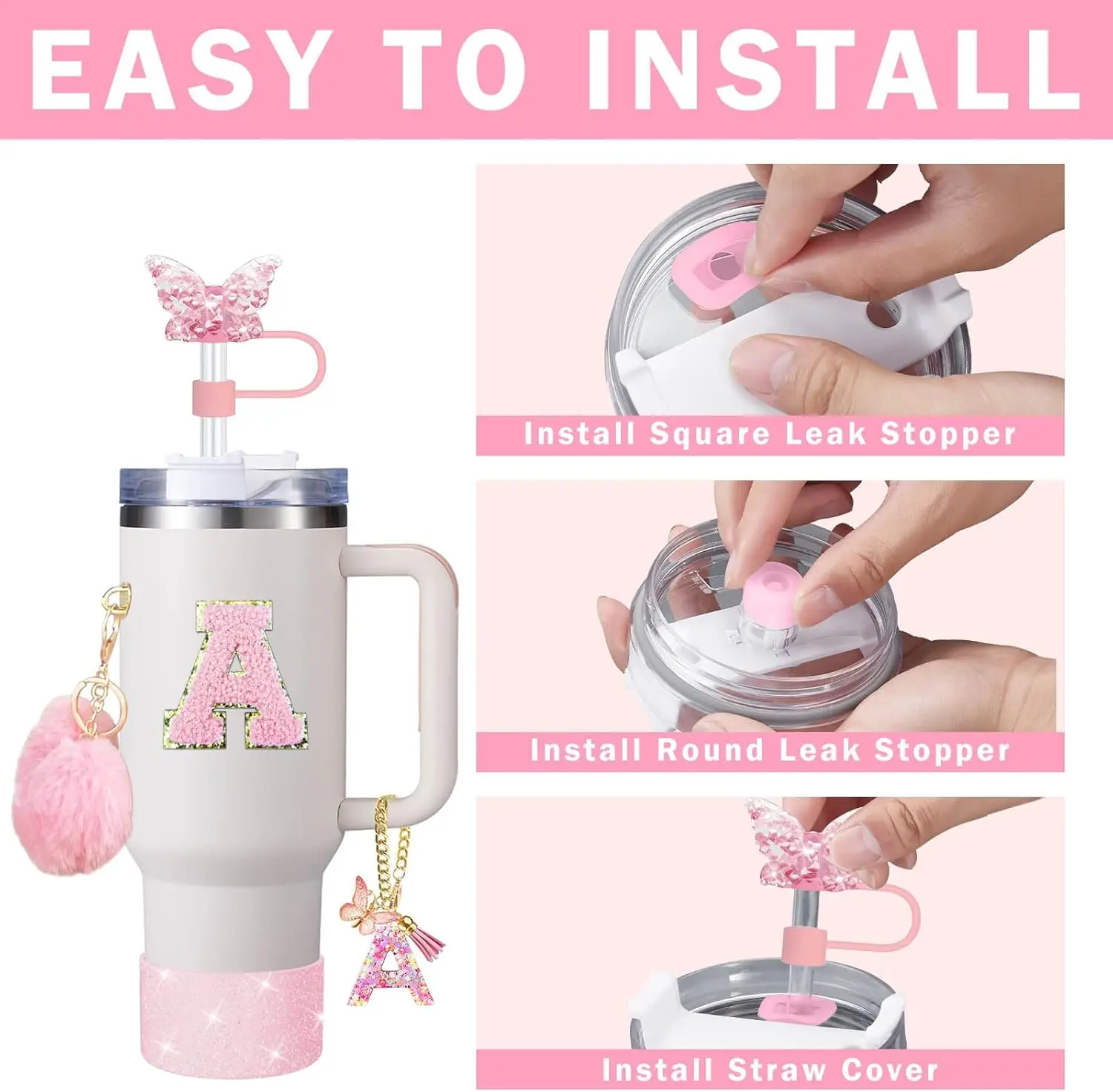 Cup Accessory Set for Stanley, Butterfly Straw Cover Cap, Silicone Boot Charm, Initials Sticker, Spill Proof Stopper Kit