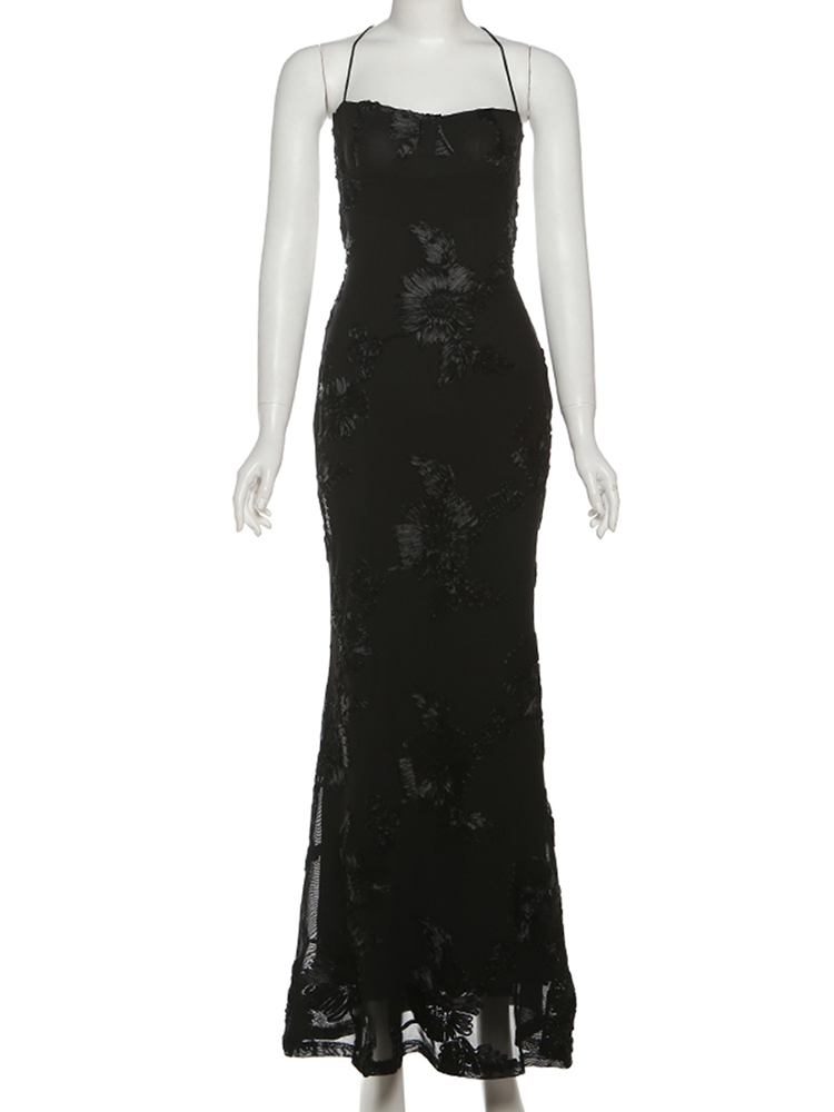 Nibber Elegant Flower Embroidery Maxi Dress Women, Low Neck Cross Bandage Backless Summer Skinny Holiday Vestidos