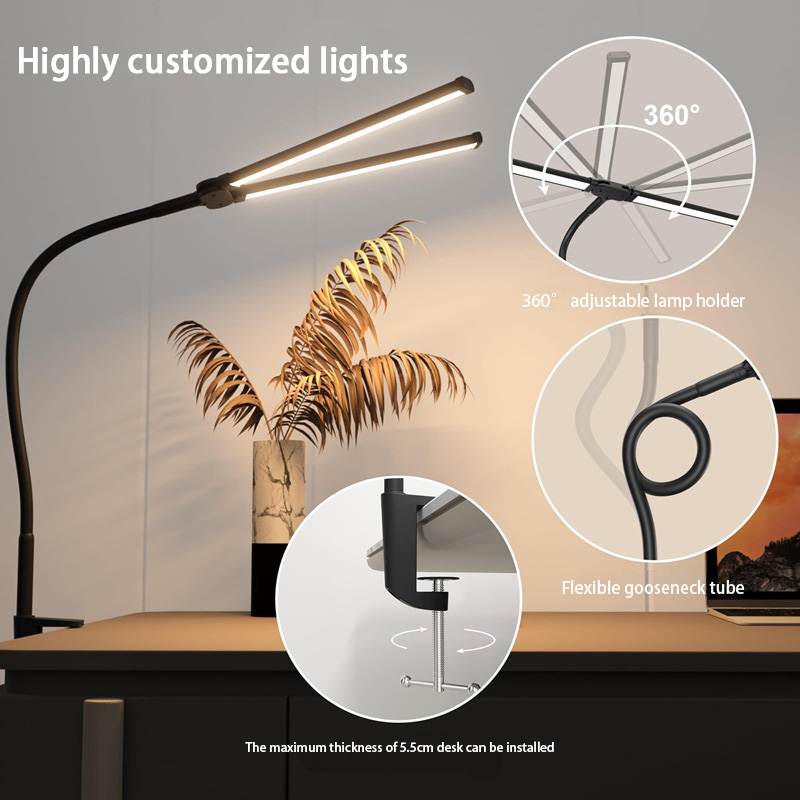 Dimmable Double Head LED Desk Lamp, USB Powered PC Monitor Light with Clamp, Eye Protection Reading Light