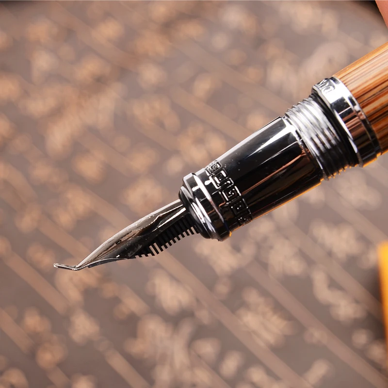 Duke Classic Confucius Natural, Bamboo Calligraphy Fountain Pen, Metal Embossed Pattern Bent Nib Iridium 1.2mm