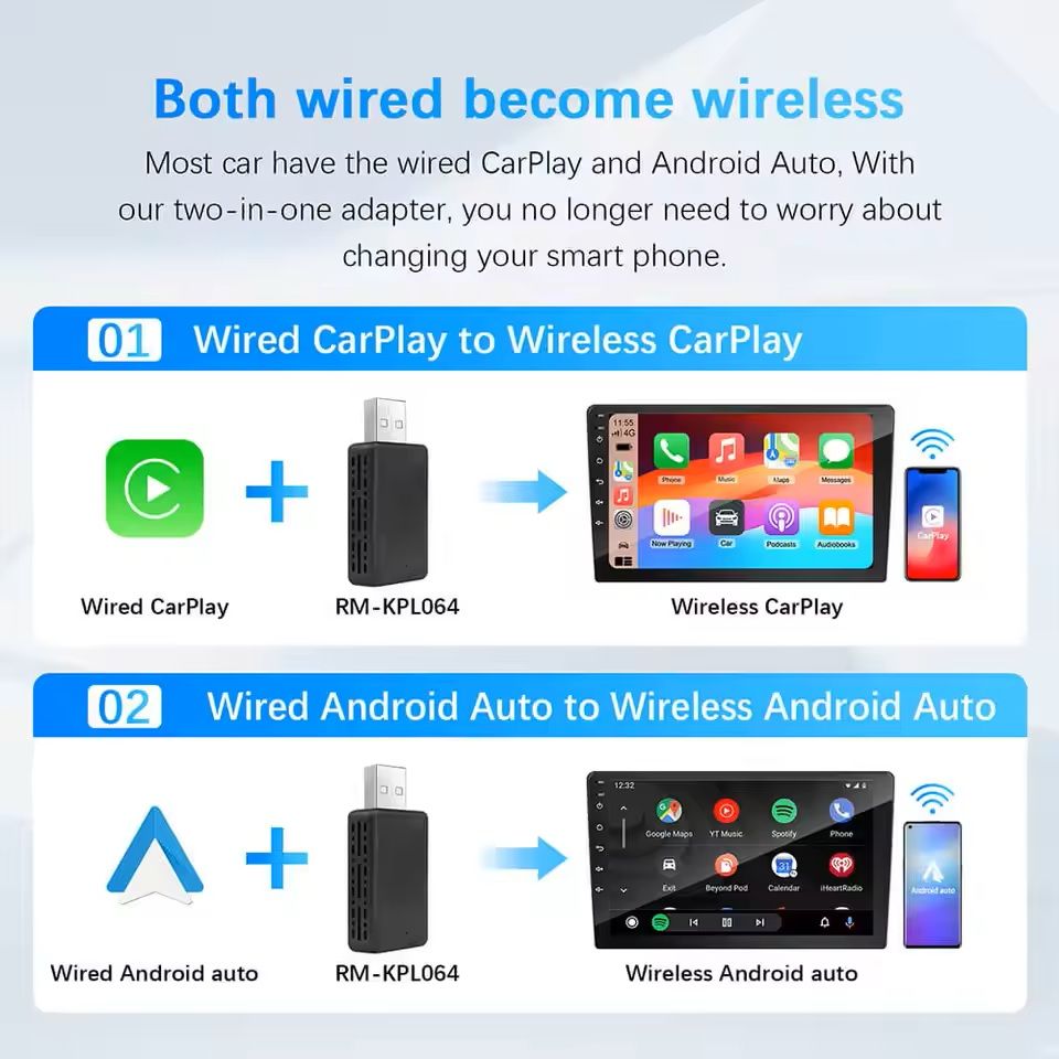 2-in-1 Wired to Wireless CarPlay and Android Auto Adapter with USB Plug