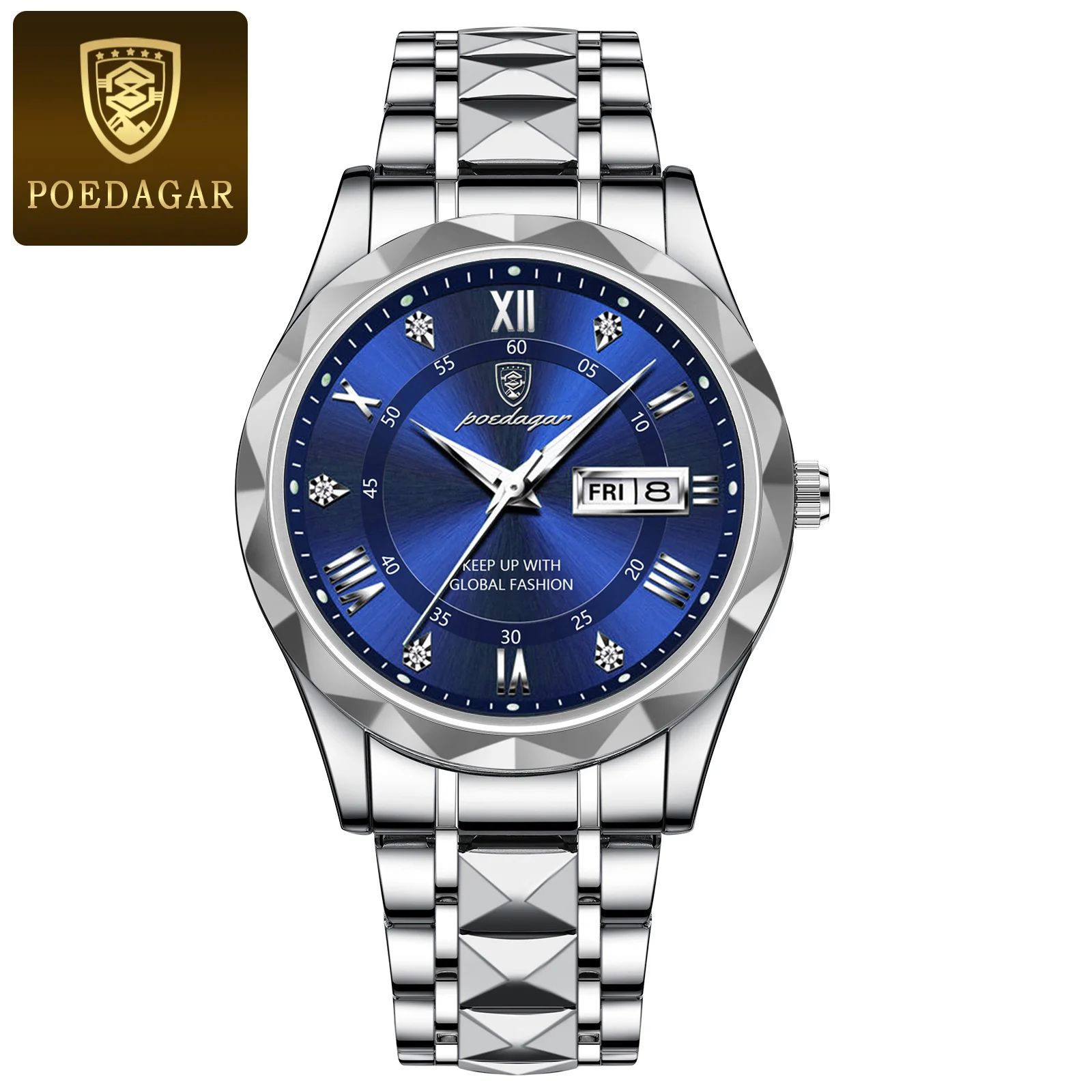 POEDAGAR 615 Luxury Waterproof Stainless Steel Men's Quartz Watch with Luminous Date & Week Display