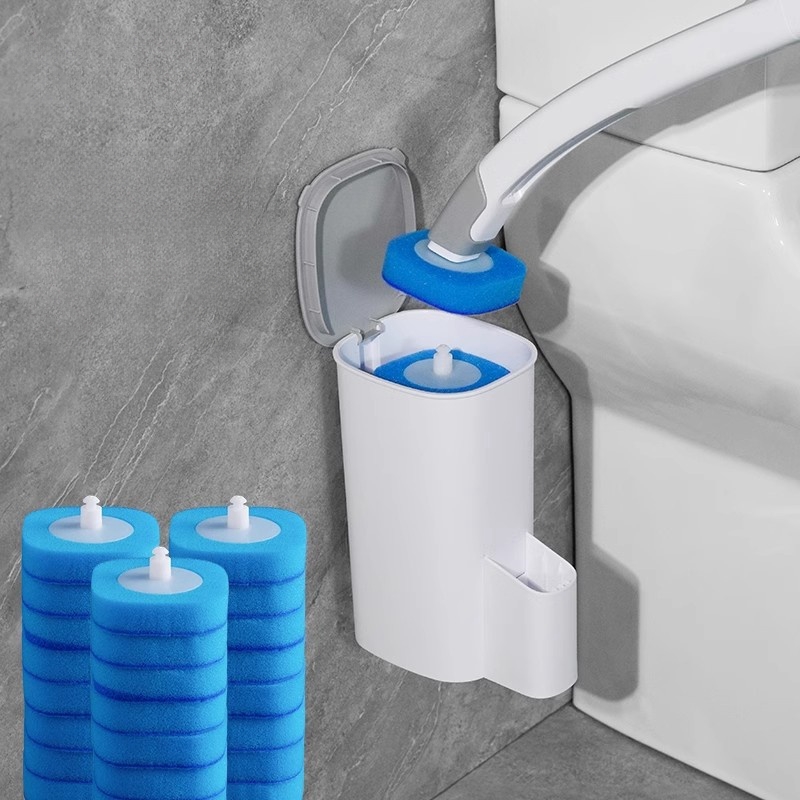 Wall-Mounted Disposable Toilet Brush with Cleaning Liquid & Replacement Brush Head