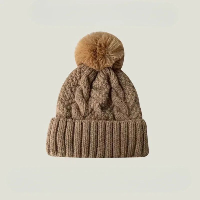 Winter Knit Beanie Hat with Fur Pompom Warm Velvet Lined Cap