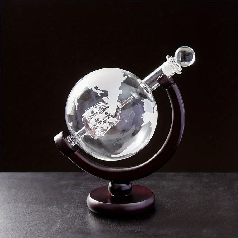 Globe Whiskey Decanter with Wooden Stand 900ml with Optional Glasses