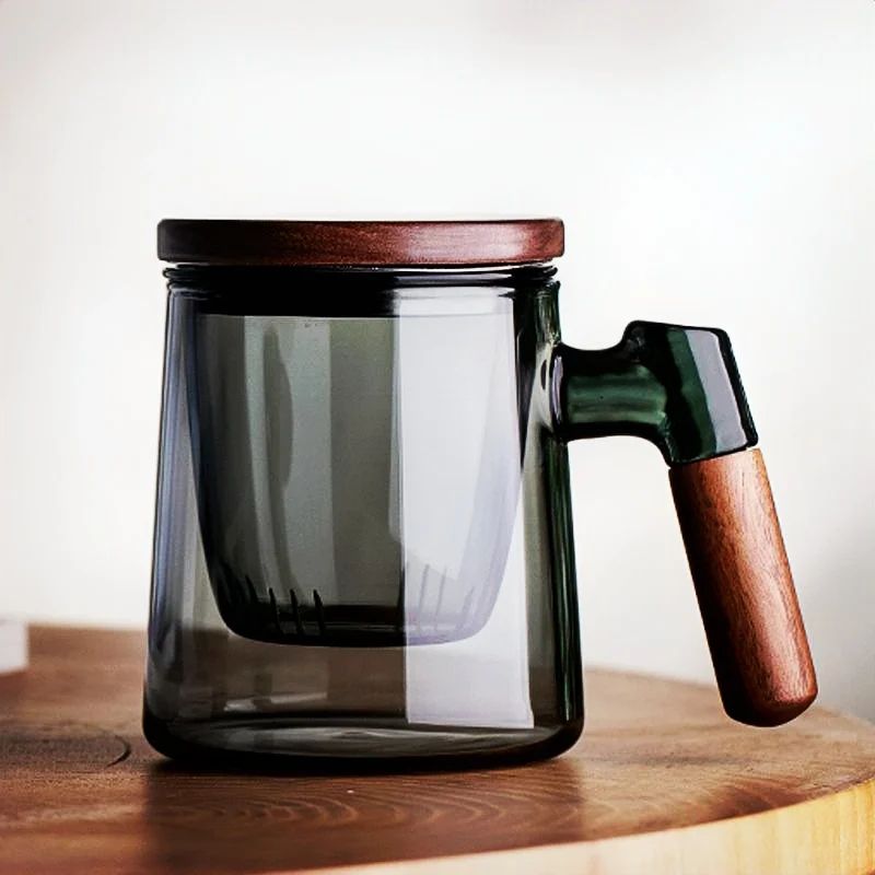 400ml Glass Tea Cup with Walnut Handle and Filter