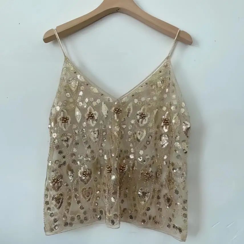Sequin Beaded Flower Open-Back V-Neck Cami – Sheer Chic Summer Vest
