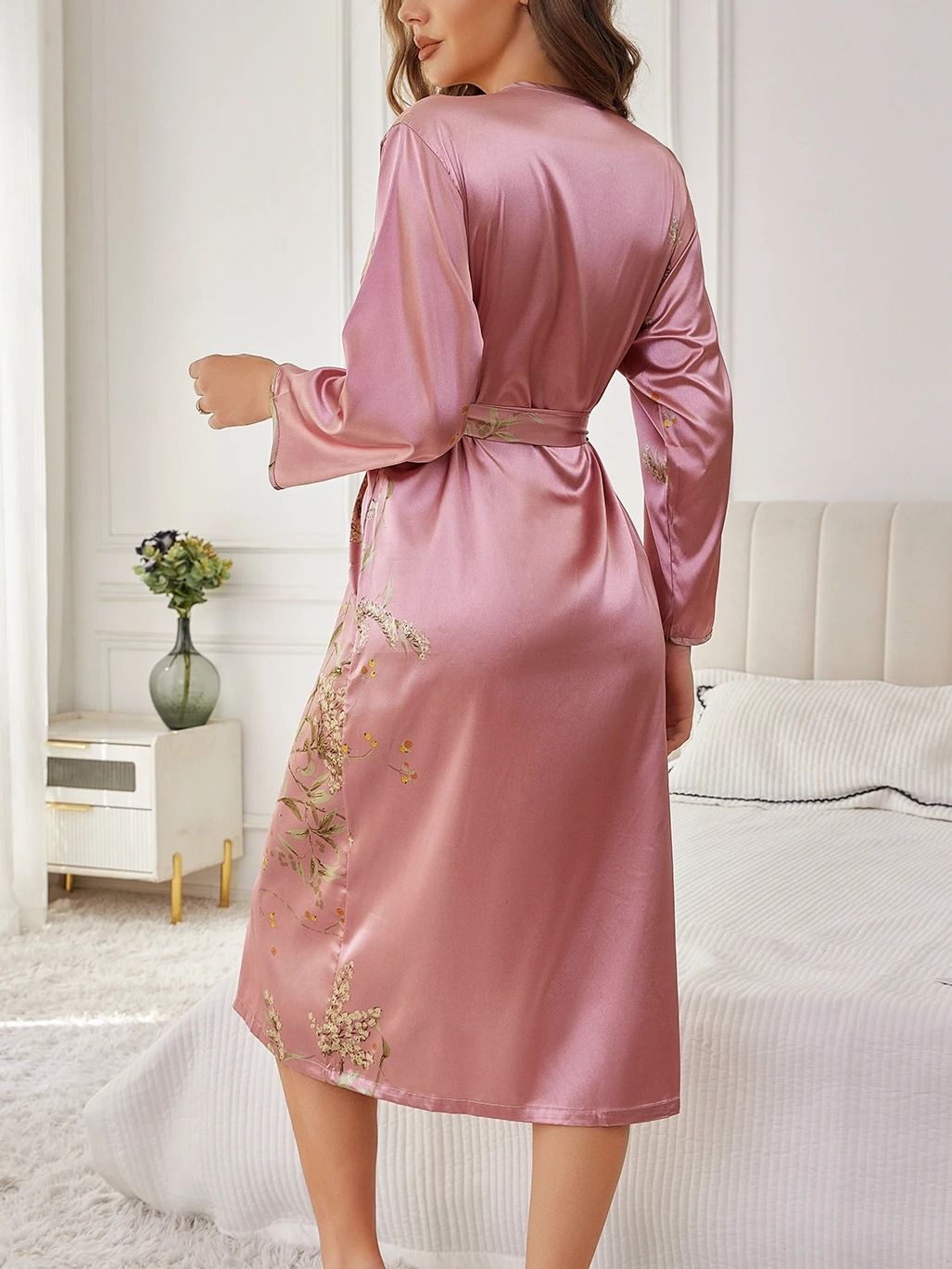 Womens Elegant Silk Robe Floral Print Loose Fit Long Sleeve Breathable Loungewear