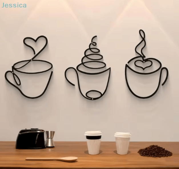 Minimalist Black Metal Coffee Cup Wall Art – Modern Kitchen & Cafe Decor