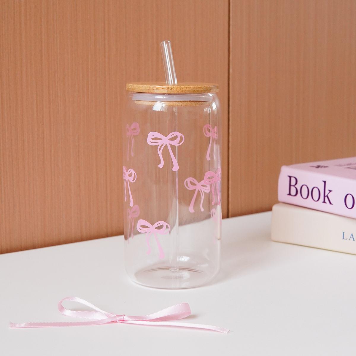 Glass Bow Printed Cup, Glass Cup with Lid and Straw, Exquisite High-End Bow Glass Cup for Home Decoration, Party, Picnic