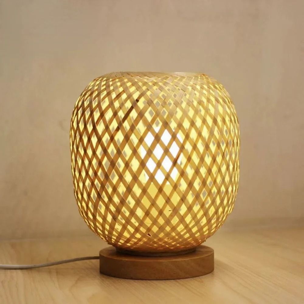 Adjustable Rattan Table Lamp with Bamboo Woven Shade Natural Bedside Light