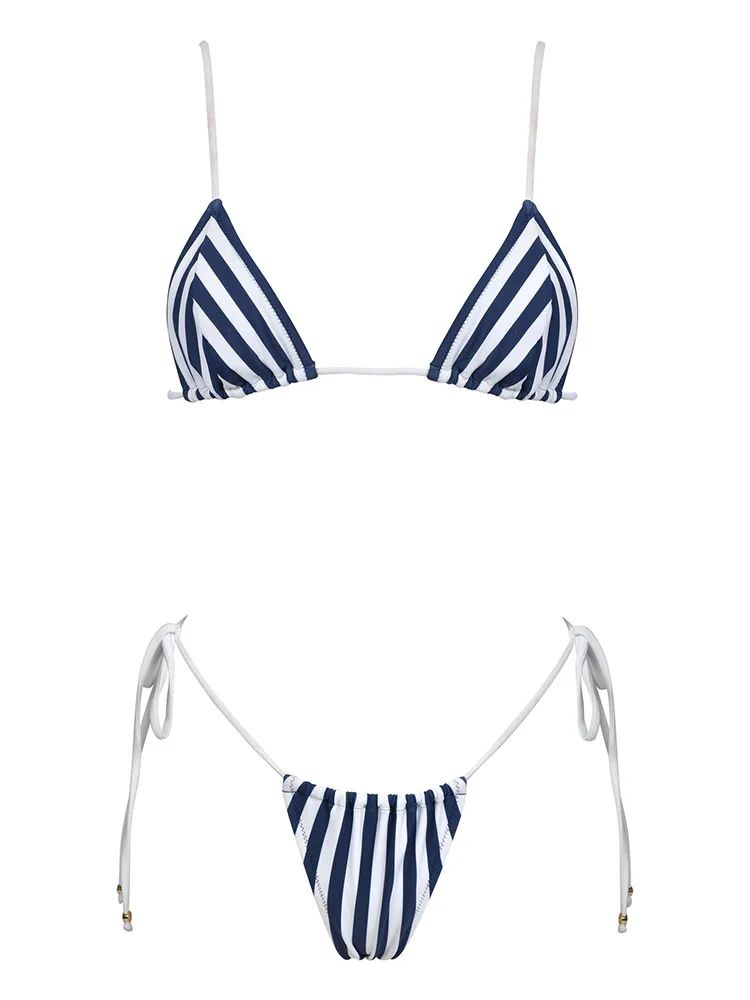 ZRTAK Striped Triangle Bikini Set Womens Micro Brazilian Swimwear