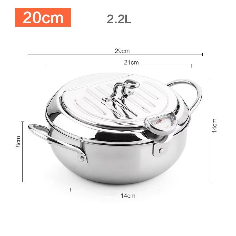 Japanese Stainless Steel Deep Frying Pot with Thermometer & Lid – Tempura Fryer Pan (20/24 cm)