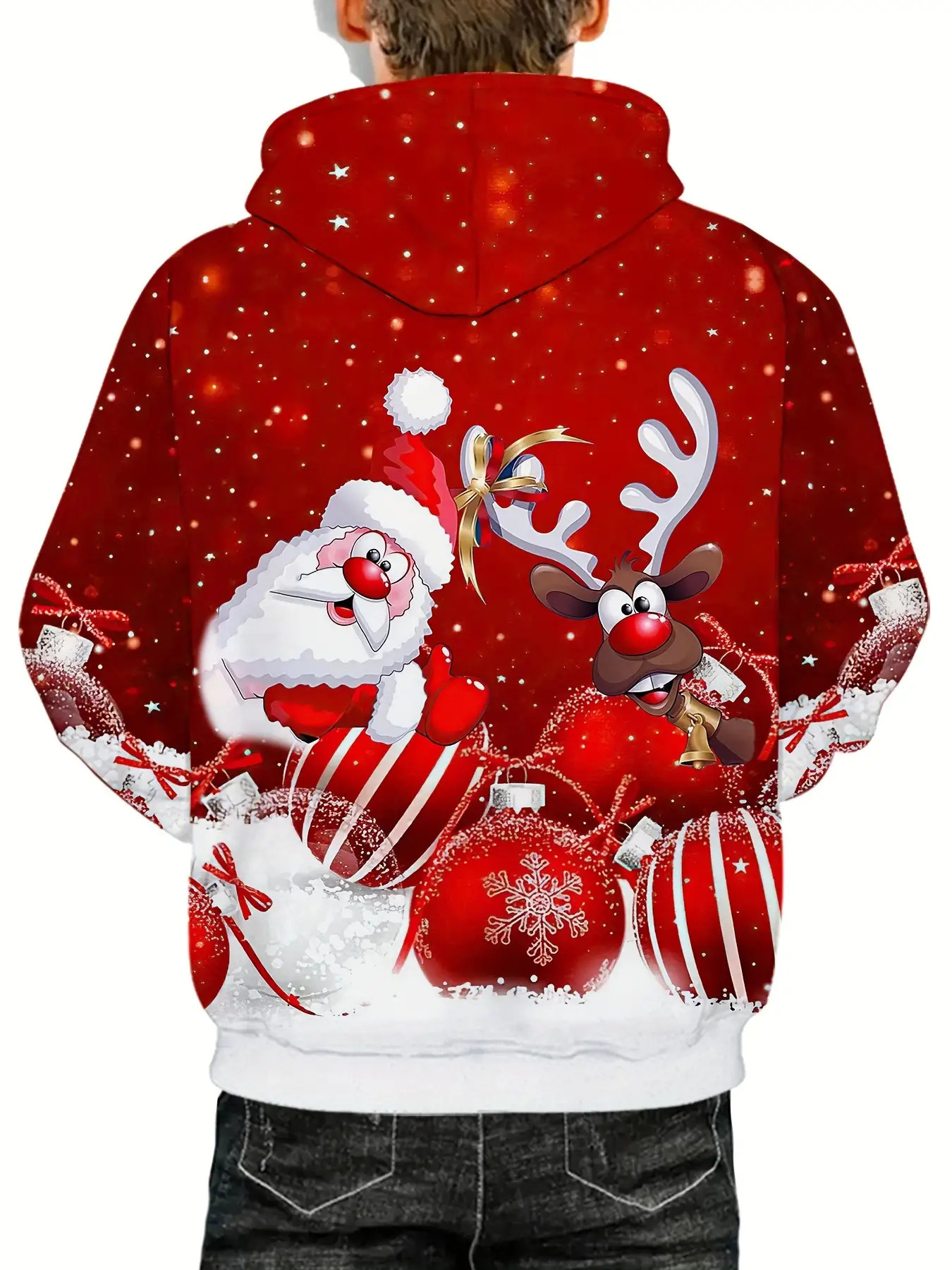 Oversized Men Clothing Hoodie, Christmas Hoodie with Hood, Men 3D Santa and Reindeer Print, Winter Party Outfit Tops