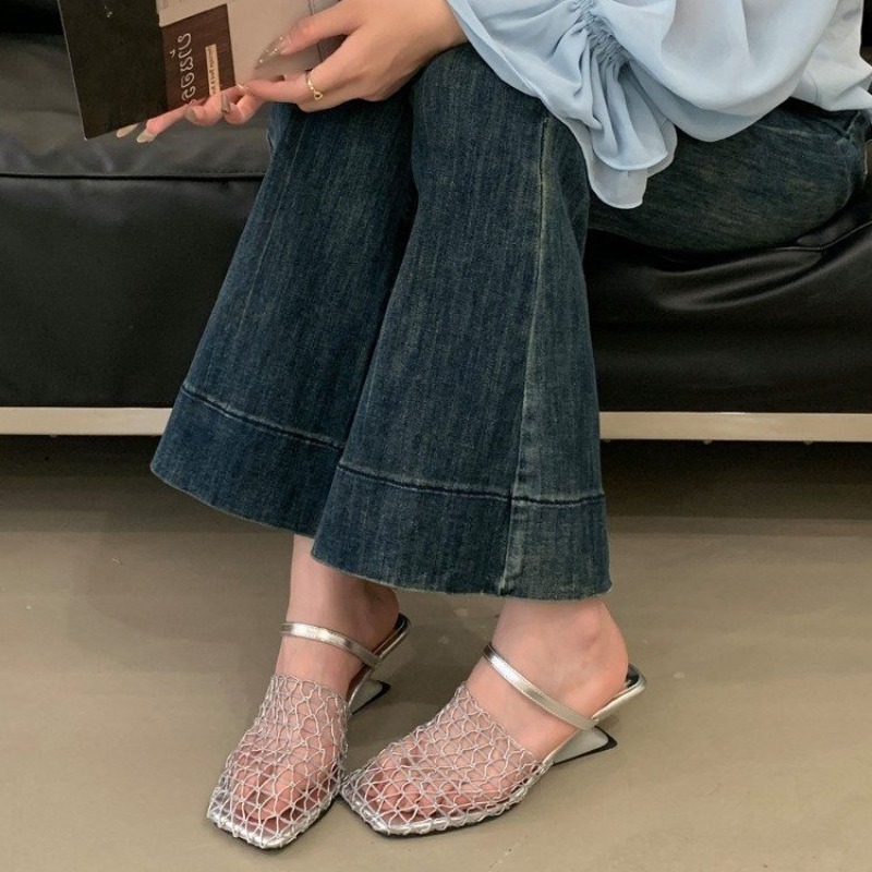 Women Mesh High Heel Sandals Square Toe Slingback Summer Pumps