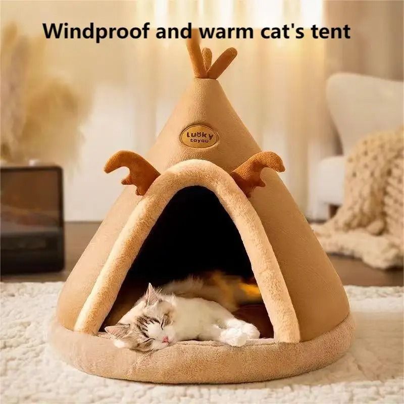 Cozy Enclosed Cat House Bed with Removable Cushion for All Season Comfort