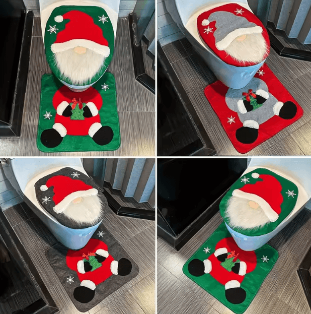 Santa Toilet Seat Cover Set – 2PC Christmas Bathroom Decor with Festive Lid Cover & Mat