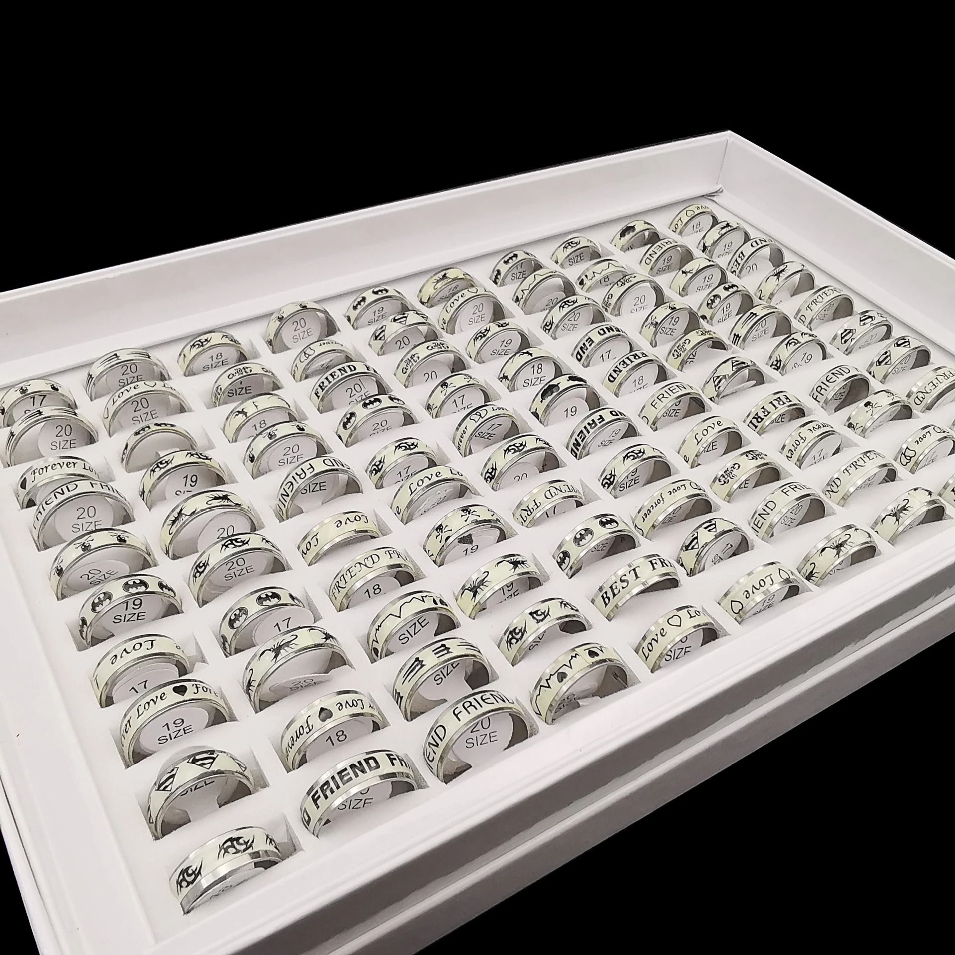 Glow in the Dark Stainless Steel Ring Set 10 Piece Mix