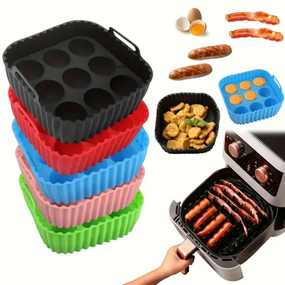 Premium 2-Piece Square Silicone Air Fryer Liners & Egg Mold Set – Food-Safe Reusable Baking Accessories