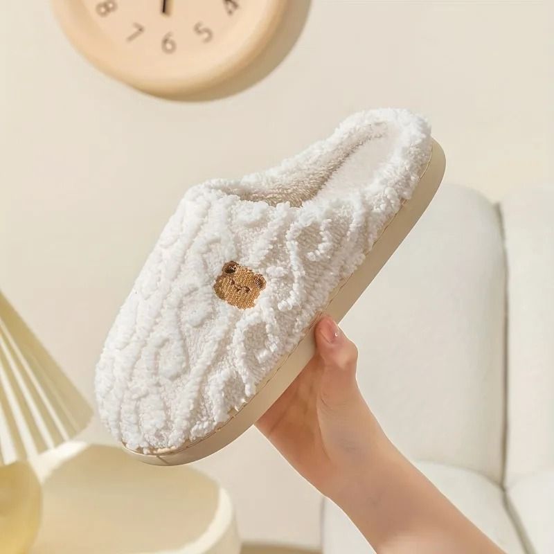 Solid Color Bear Print Warm Indoor Slippers