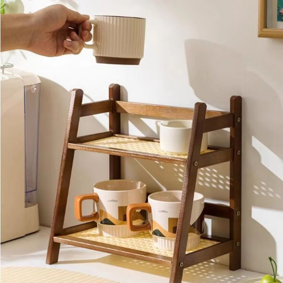 2-Layer Bamboo Countertop Organizer Shelf Multipurpose Coffee Cup & Storage Holder