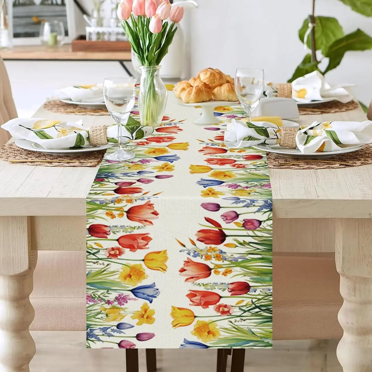 Spring Sunflower & Daisy Linen Table Runner | Colorful Farmhouse Floral Decor