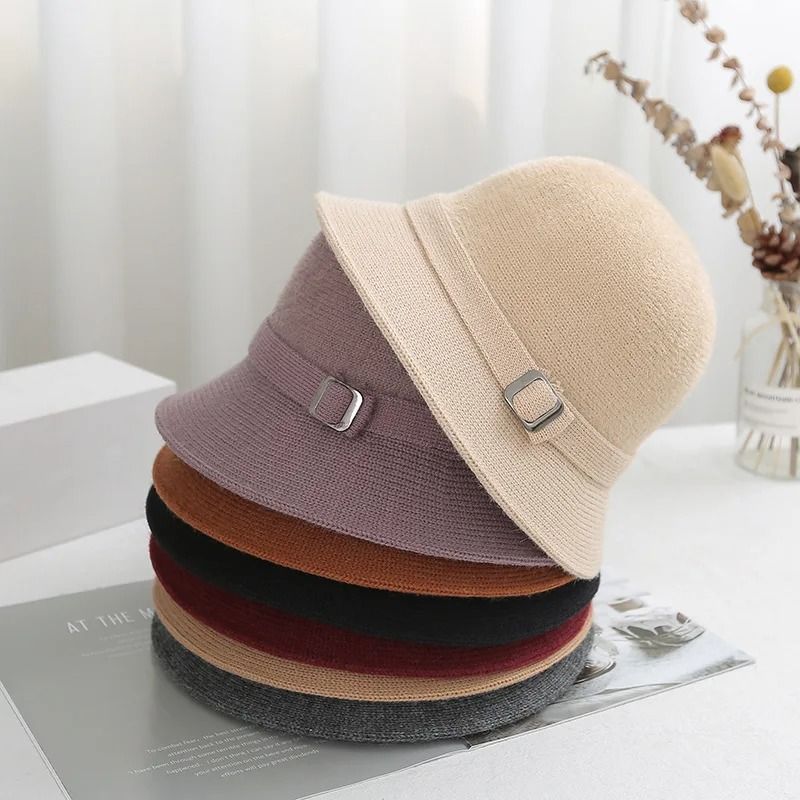 Womens Faux Mink Cashmere Knitted Bucket Hat Solid Color Artistic Sun Cap