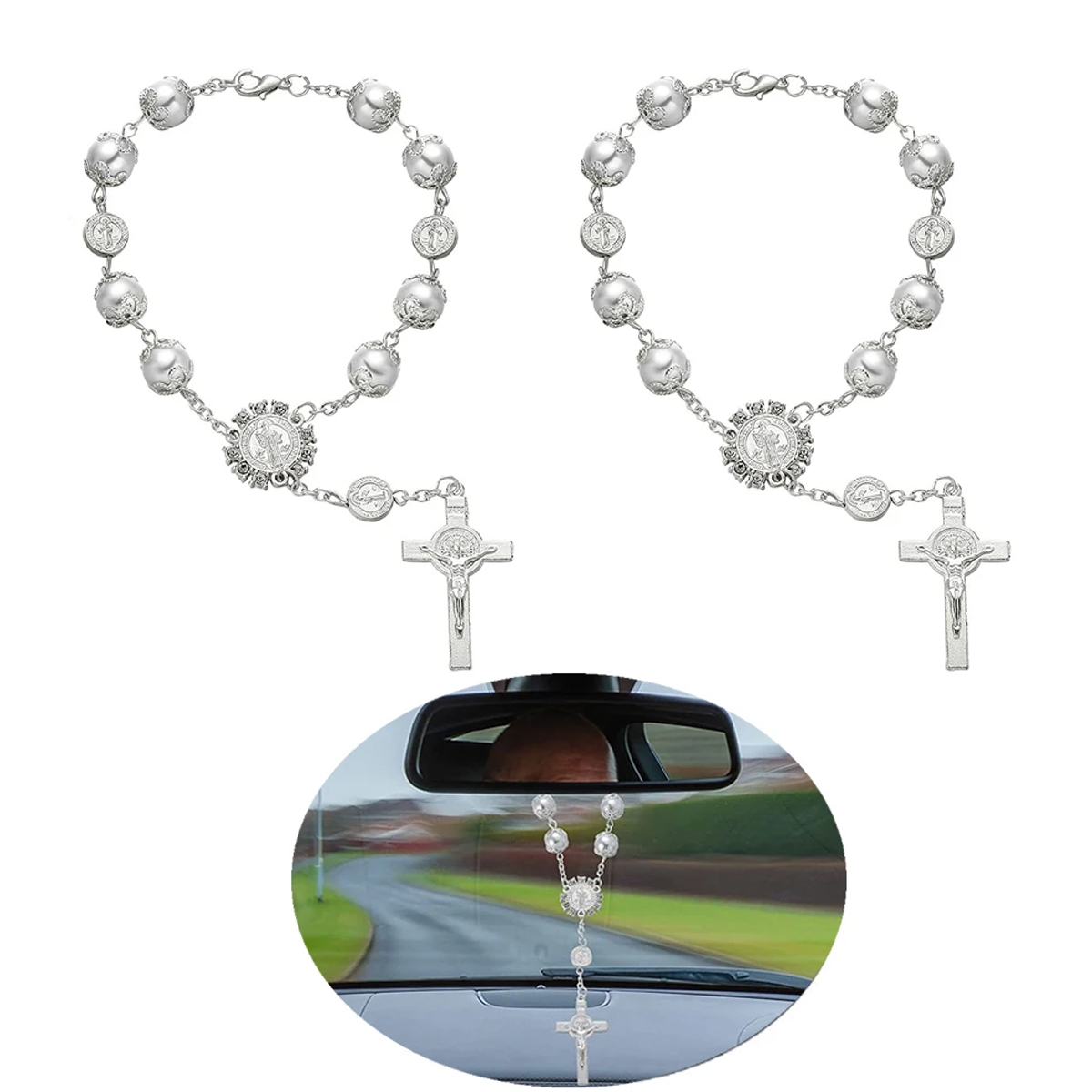 Car Ornaments Retro Imitation Pearl Cross, Hanging Car Rear Ornament, Auto Interior View Mirror