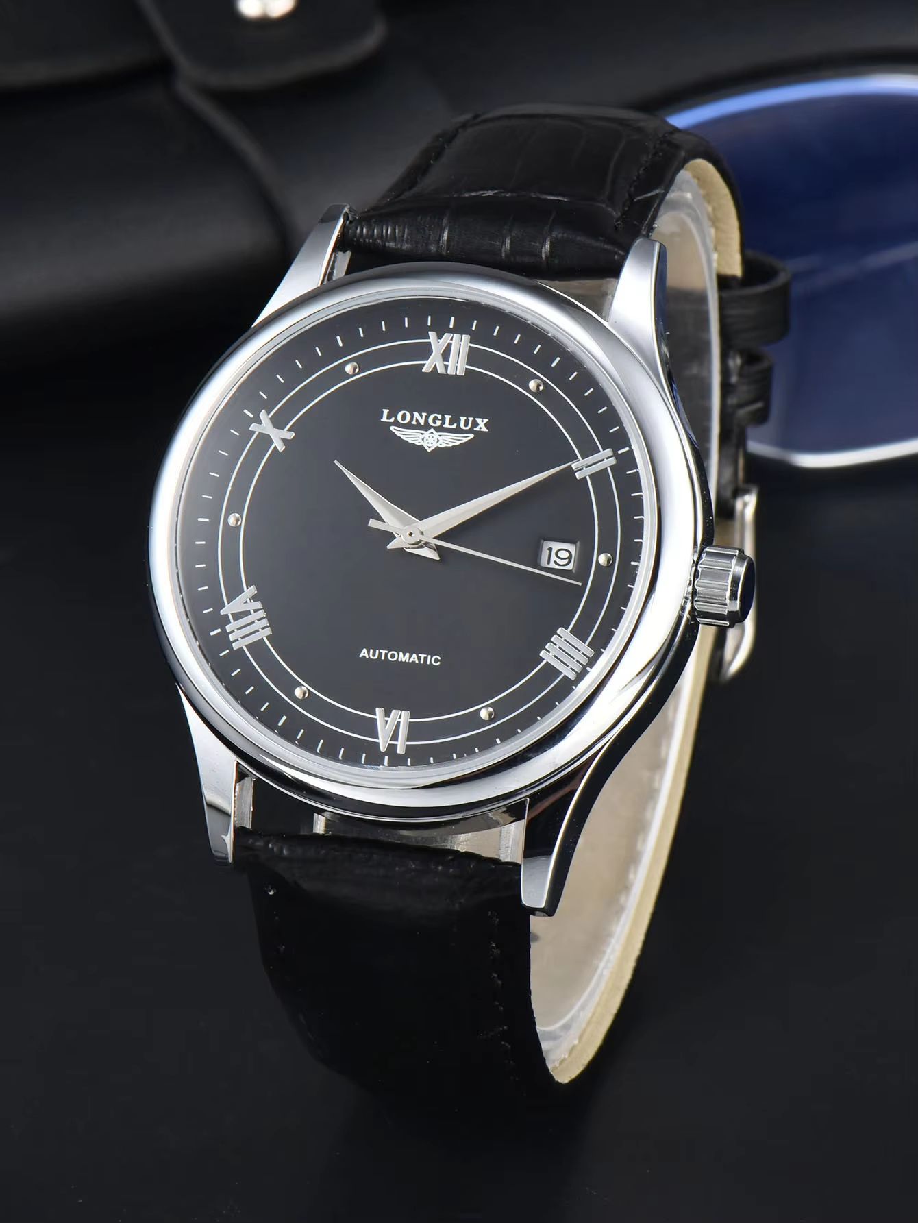 LONGLUX Automatic Mechanical Men's Watch Classic Leather Strap Watch with Date Display