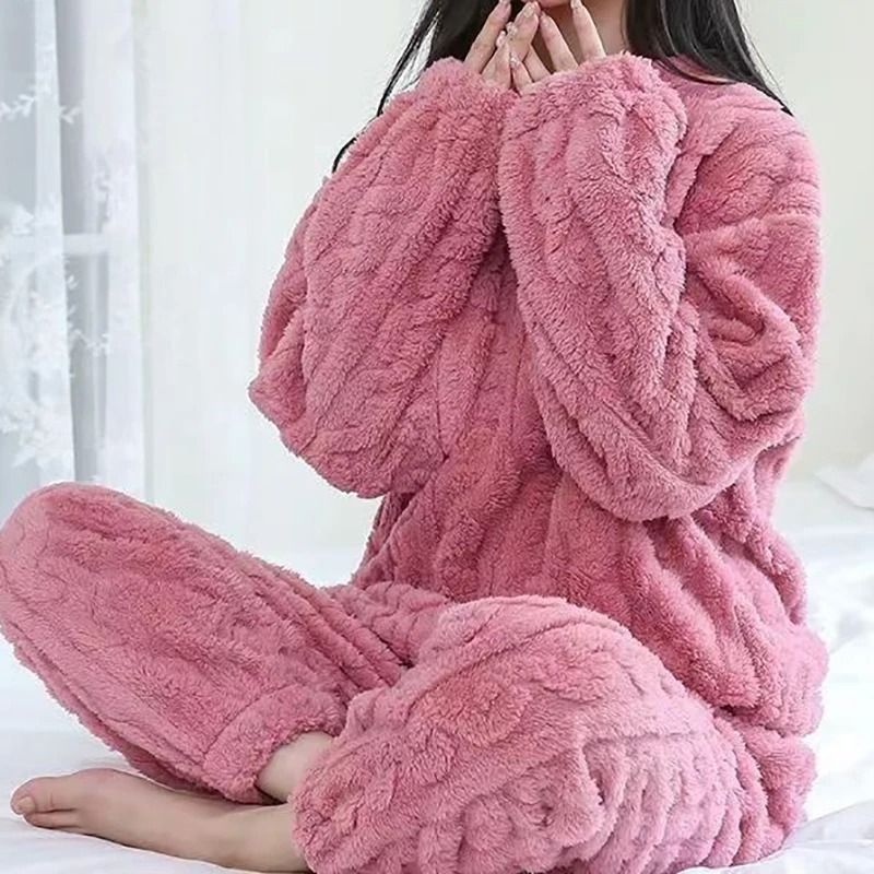 Womens Warm Velvet Ribbed Fleece Pajama Set Pullover and Pants