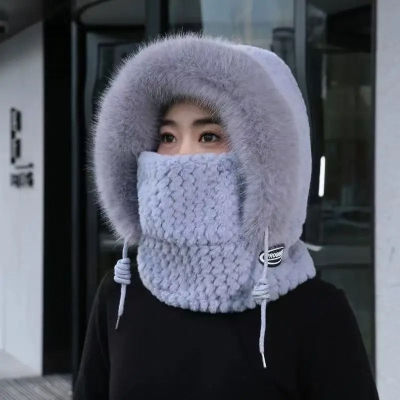 Women Thermal Plush Hood Hat Scarf Mask Set Windproof Winter Wear