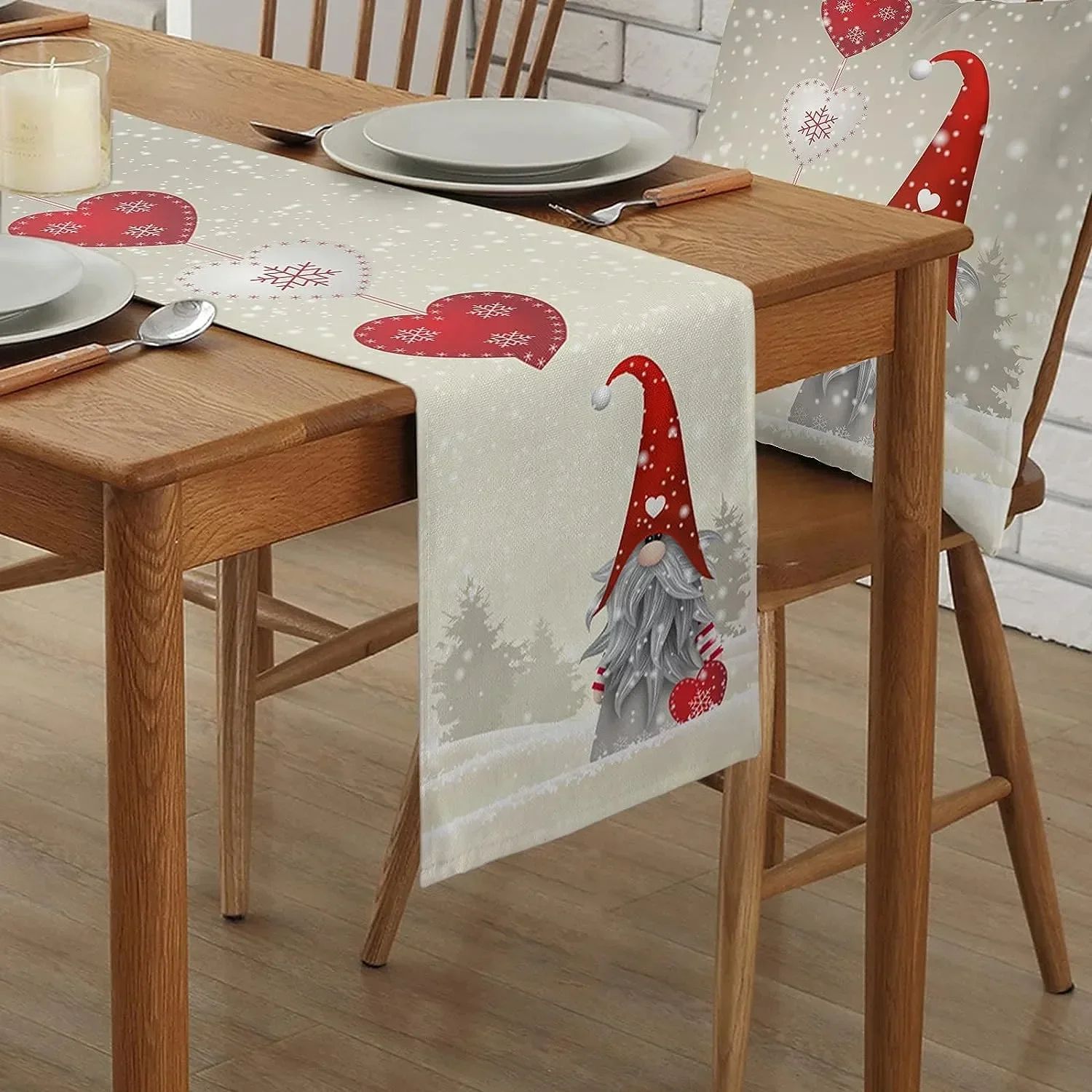 Christmas Gnome Snowflake Linen Table Runner – Festive Heart Holiday Dining Table Decor