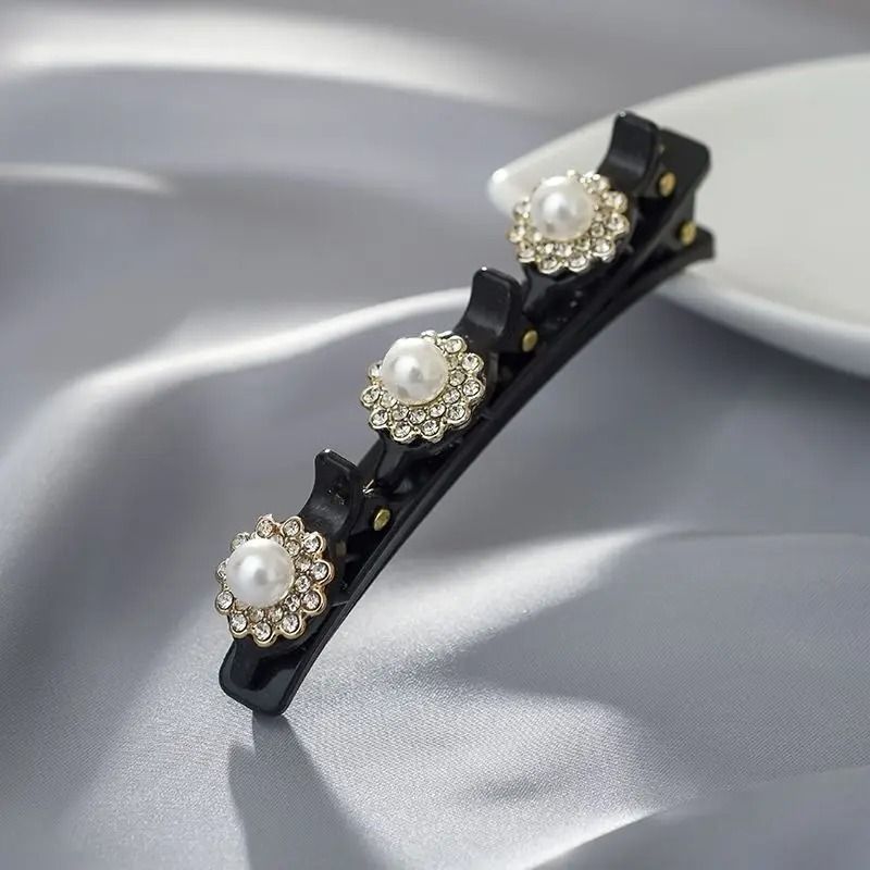 Double Layer Braided Hairclip with Rhinestone and Faux Pearl Accent