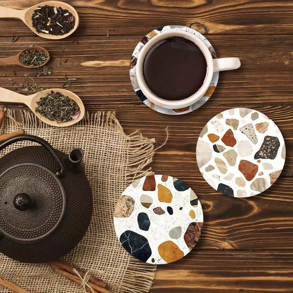 Stone Pattern Wooden Coaster Set – 6-Piece Heat Resistant Table Protection Mats
