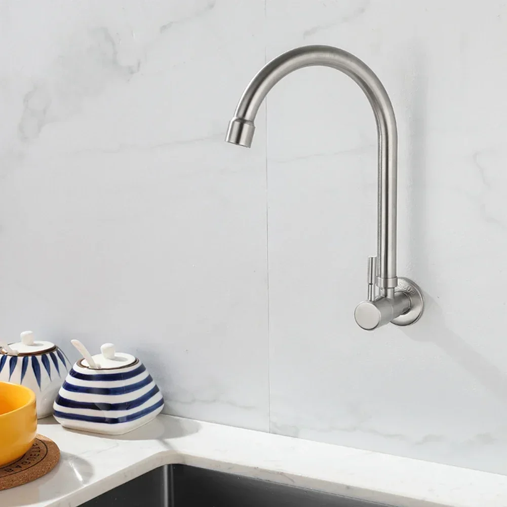 Stainless Steel Wall Mounted Kitchen Faucet Single Cold Rotating Tap