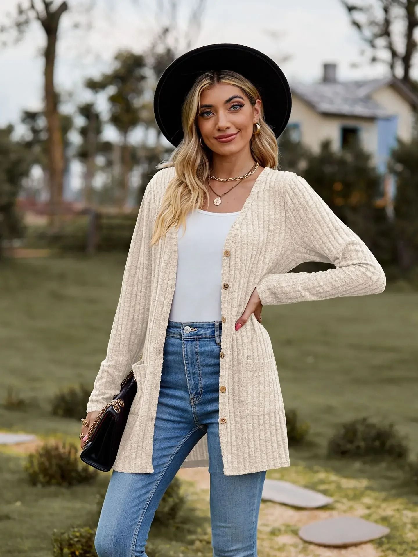 Women Long Sleeve Button V Neck Casual Cardigan Jacket