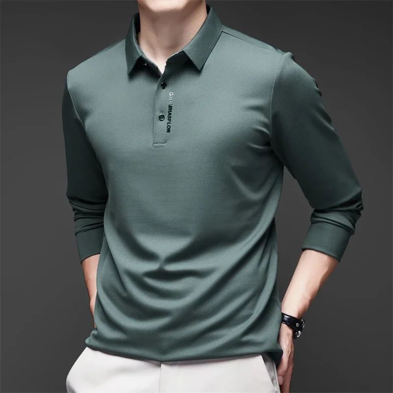 Men's Solid Polo Shirt – Long Sleeve Business Casual Polo with Badge, Anti-Wrinkle Breathable Shirt
