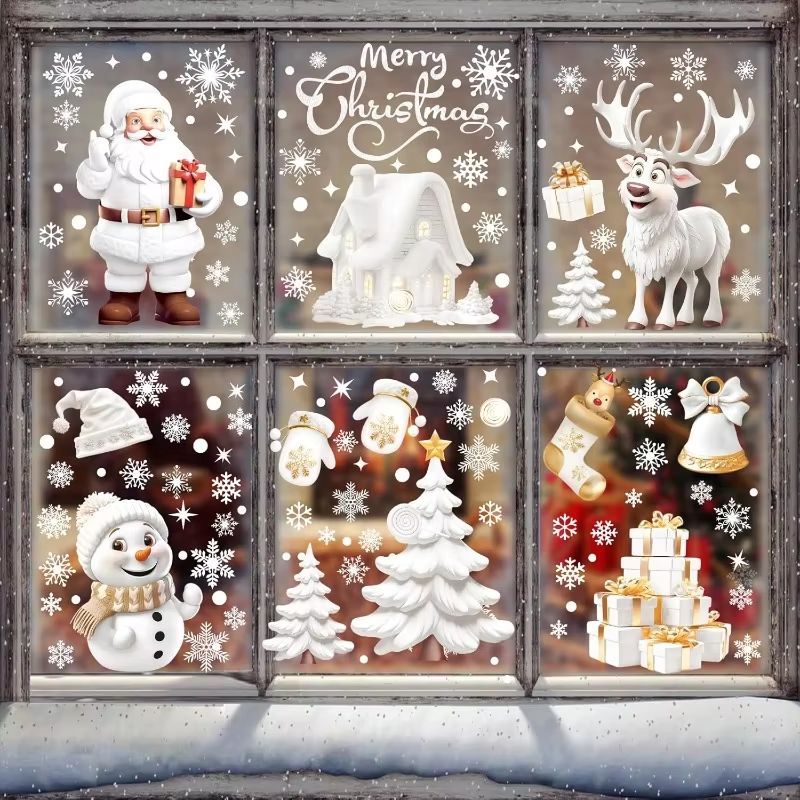 Reusable Christmas window clings snowman & tree white static decals for glass doors