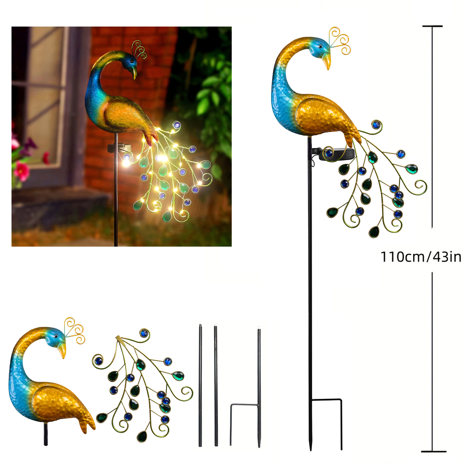 Elegant Iron Art Solar Peacock Stake Light, Multicolor Warm White Weatherproof Outdoor Decor for Garden Yard Pathway
