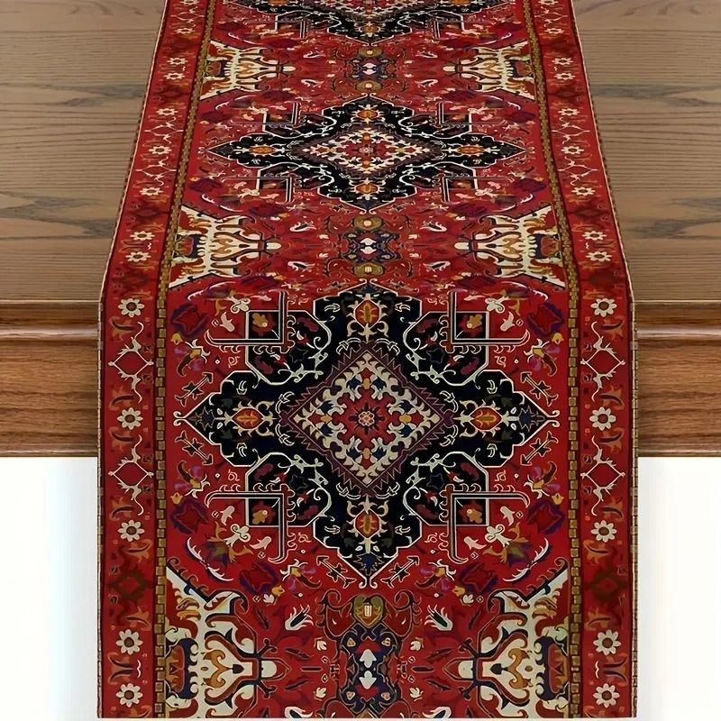 Vibrant Bohemian Style Table Runner – Rich Red Persian Antique Stripe Pattern for Wedding Celebrations & Global Home Dec