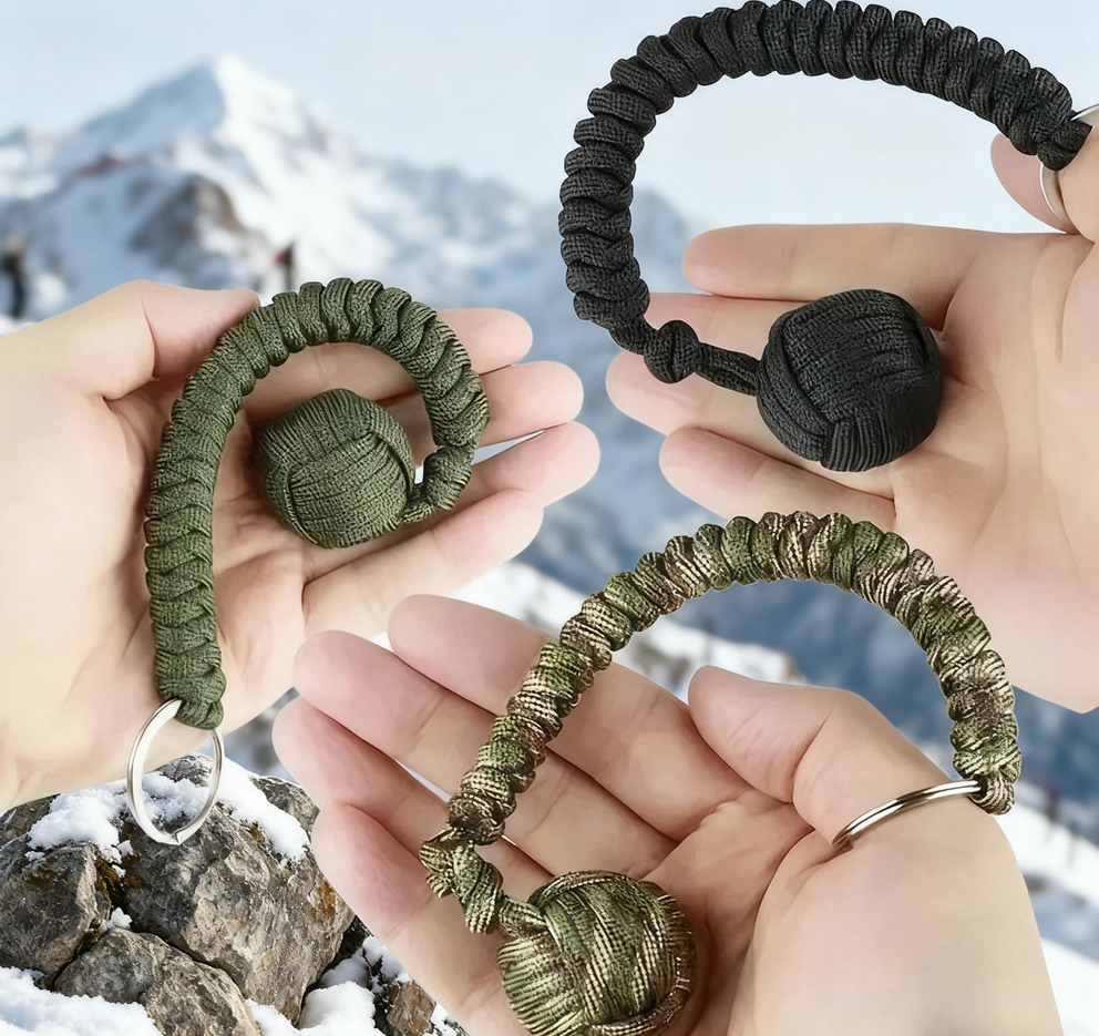 Multi-Function Self-Defense Paracord Umbrella with Monkey Fist Steel Ball & Survival Keychain