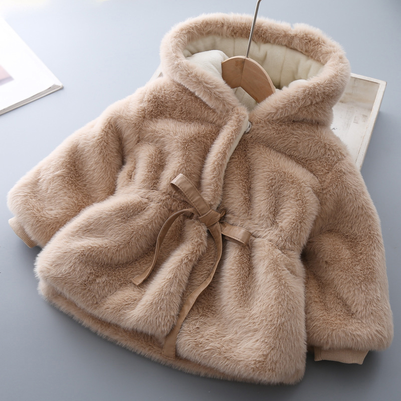 Super Warm Winter Girls Coat Mink Fur Padded, Thickened Hooded Coats Long Sleeve, Baby Kids Children Jacket Plush