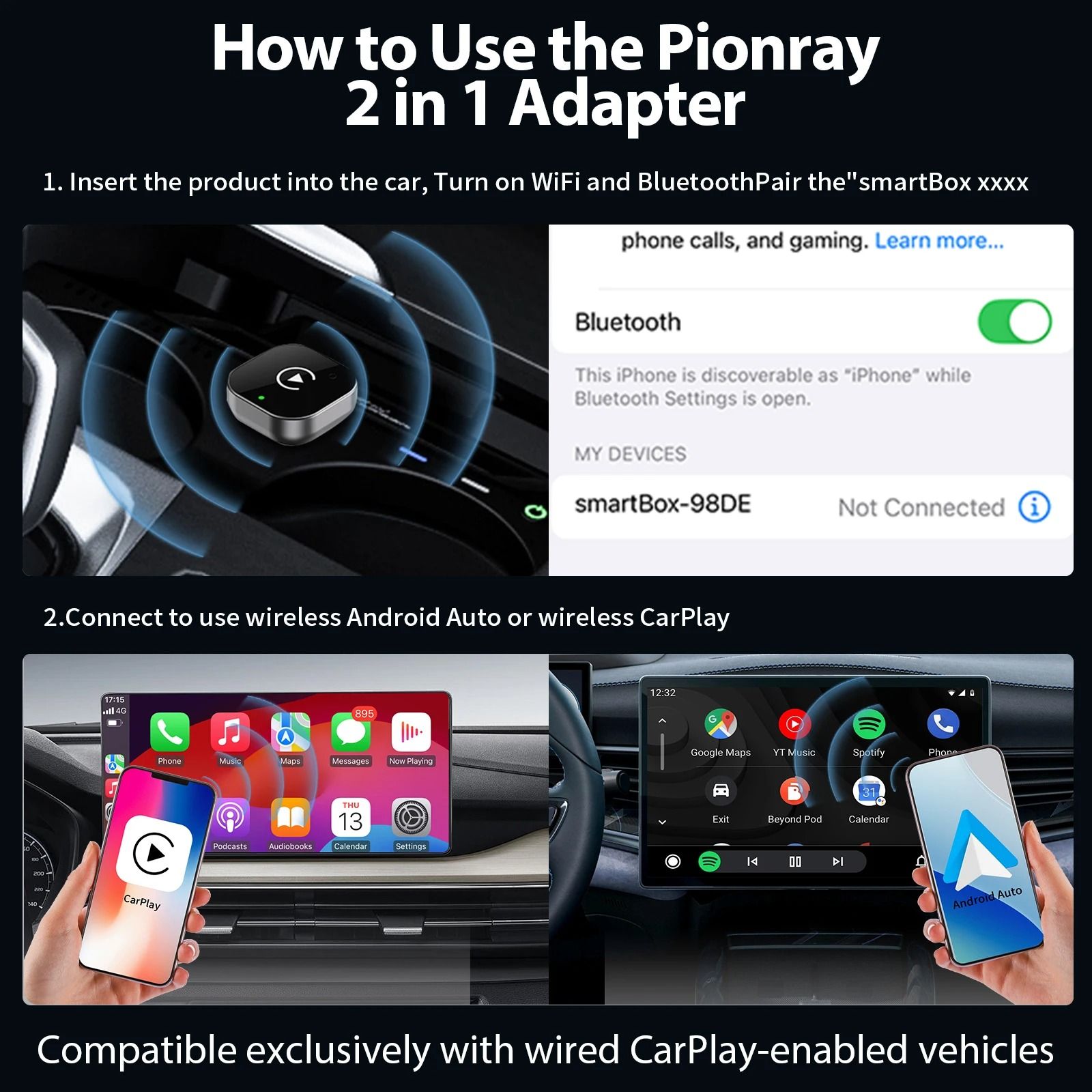 2 in 1 Wireless CarPlay and Android Auto Adapter with 5GHz WiFi