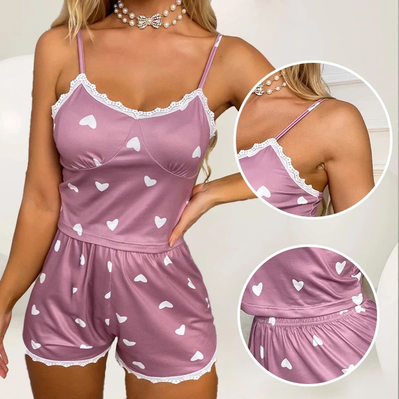 Women V Neck Lace Print Cami and Shorts Pajama Set