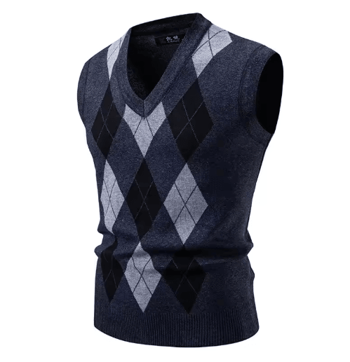 Mens Argyle Knit Vest V Neck Sleeveless Slim Fit Pullover Sweater